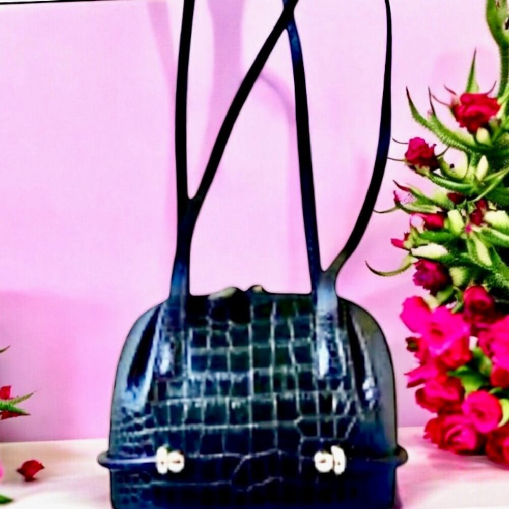 Bally Vintage Italy Croc Embossed Leather Shoulder Handbag Zipper
